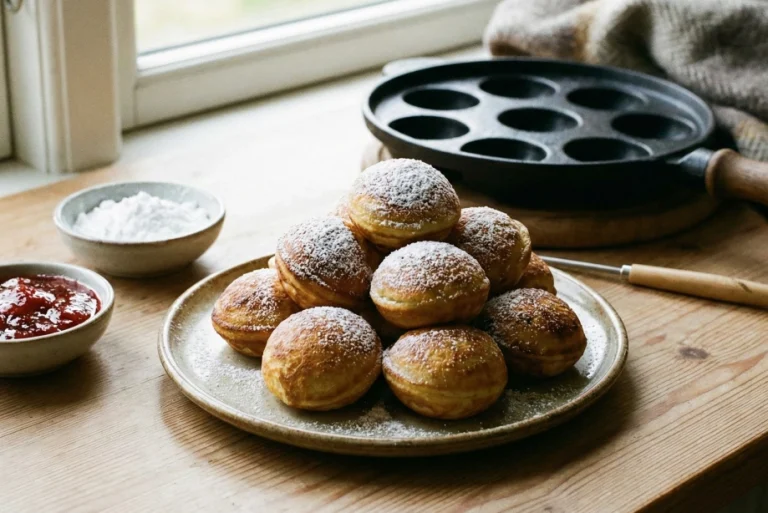Æbleskiver drysset med flormelis serveret i en skål