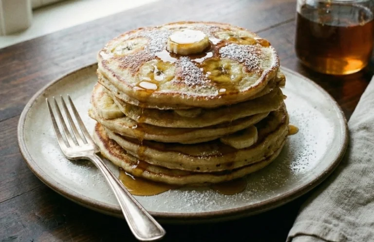 Stak bananpandekager med sirup, bananskiver og flormelis på en tallerken