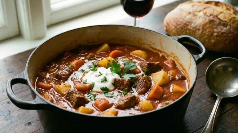 Gullasch med oksekød, kartofler og gulerødder i en støbejernsgryde med en klat creme fraiche