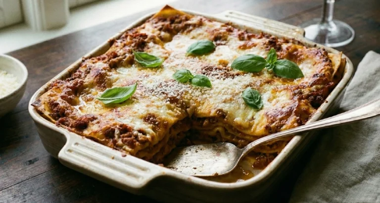 Lasagne i et ovnfast fad med gratineret ost og friske basilikumblade, et stykke taget ud