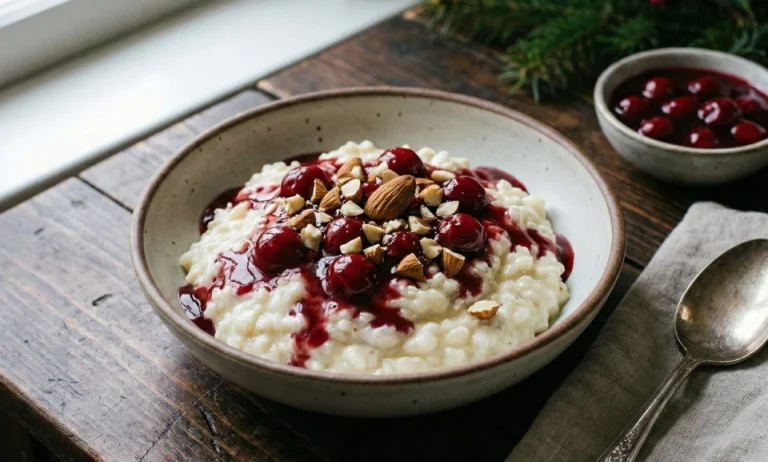 Risalamande med kirsebærsauce og hakkede mandler i en keramikskål med en ske ved siden af