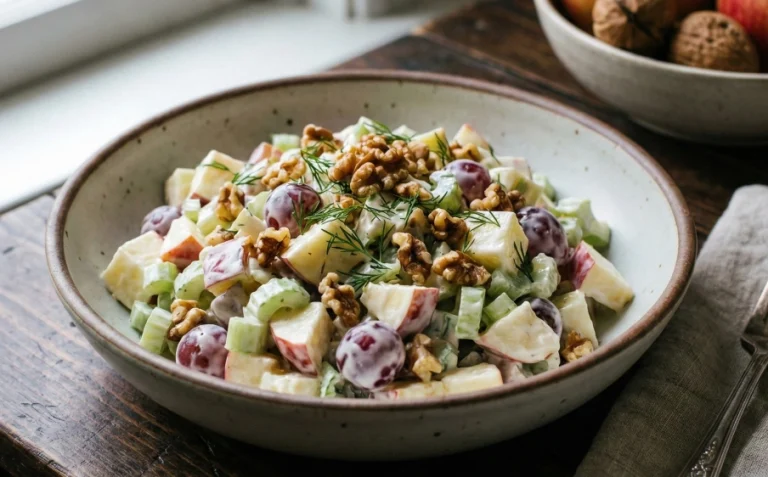 Waldorfsalat med selleri, æble, druer, valnødder og dild i en keramikskål