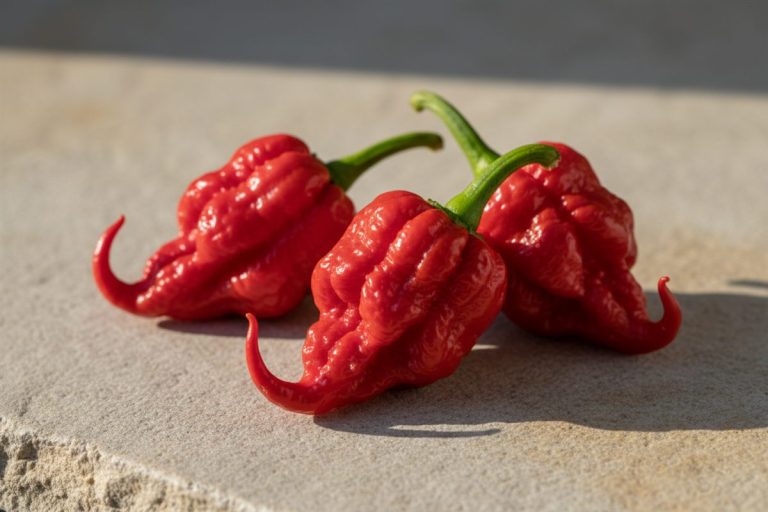 Tre mørkerøde Carolina Reaper-chilier med rynket skind og krum spids hale på en lys stenflade