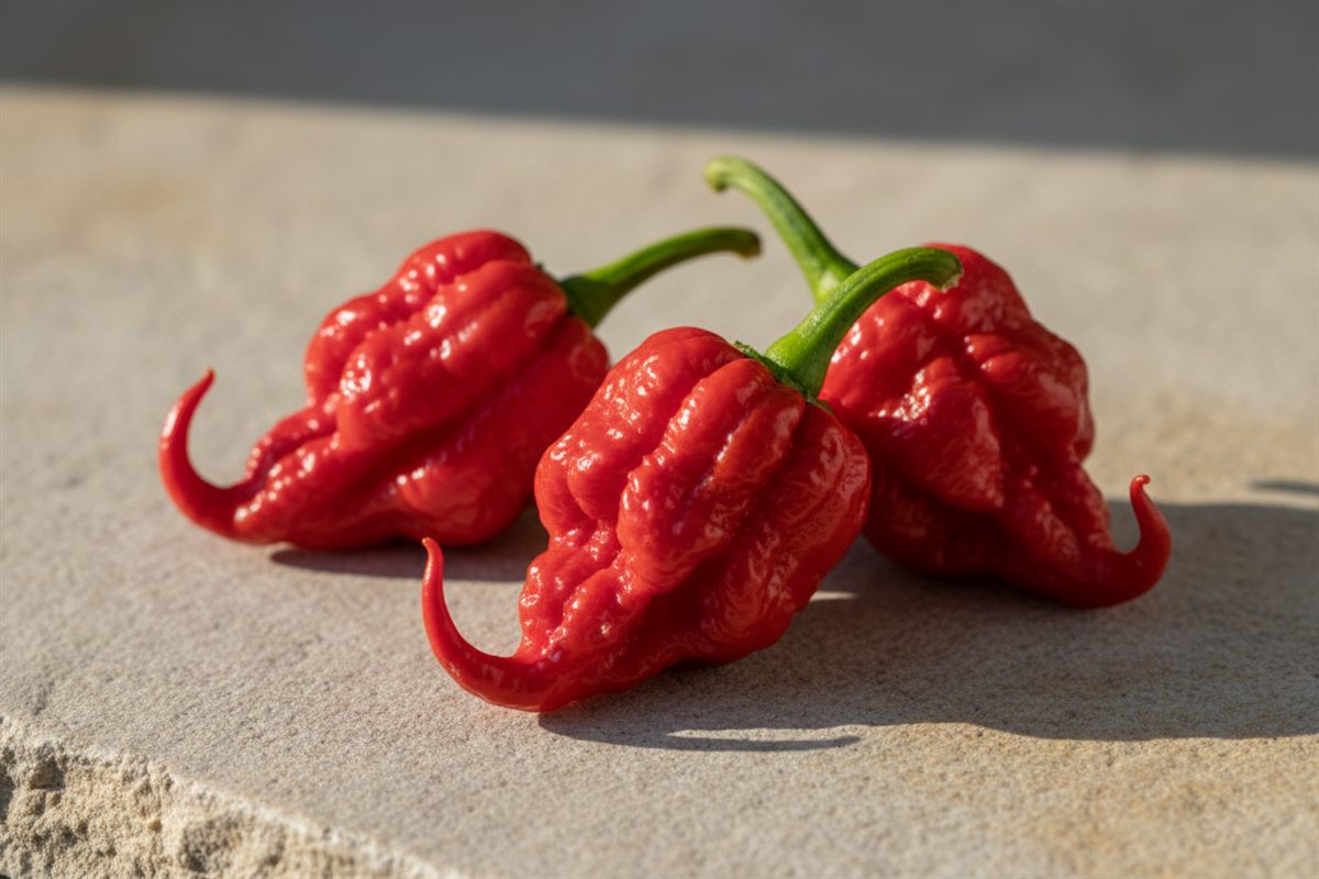Tre mørkerøde Carolina Reaper-chilier med rynket skind og krum spids hale