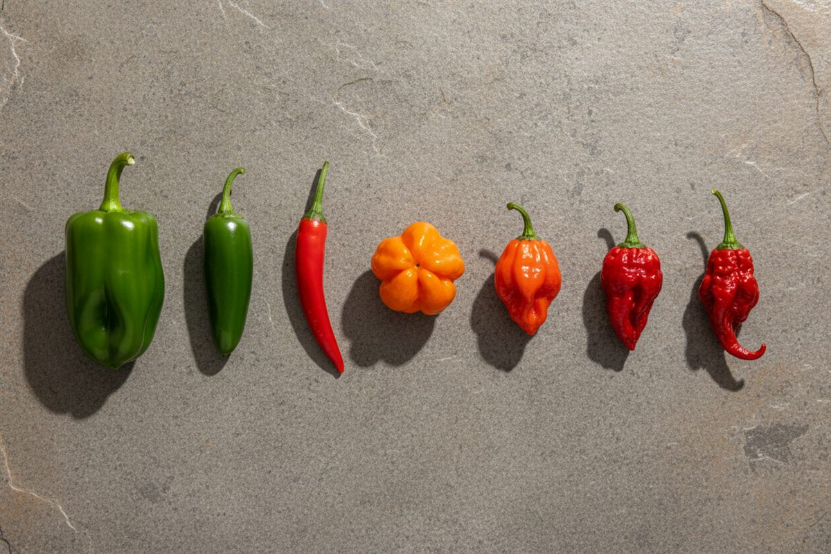 Syv chilifrugter lagt i en række fra mild grøn peberfrugt til lille mørkerød superstærk chili