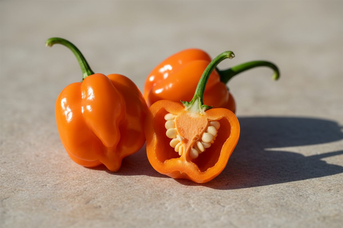 Tre orange habanerochilier på en lys stenflade, den ene skåret over så kernehuset ses