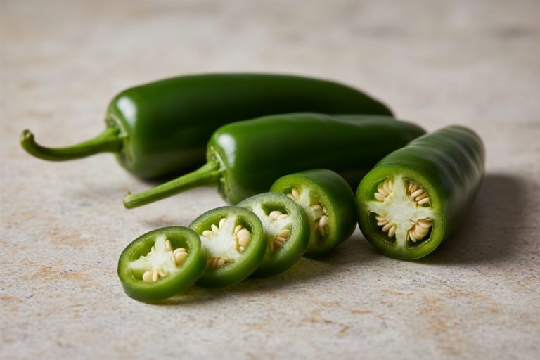 Tre grønne jalapeñochilier på en lys stenflade, den ene skåret i skiver så kerner og skillevægge ses