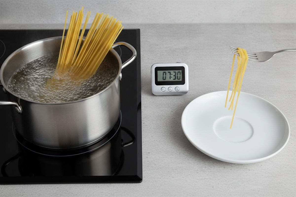 Spaghetti koger i en gryde ved siden af en køkkentimer