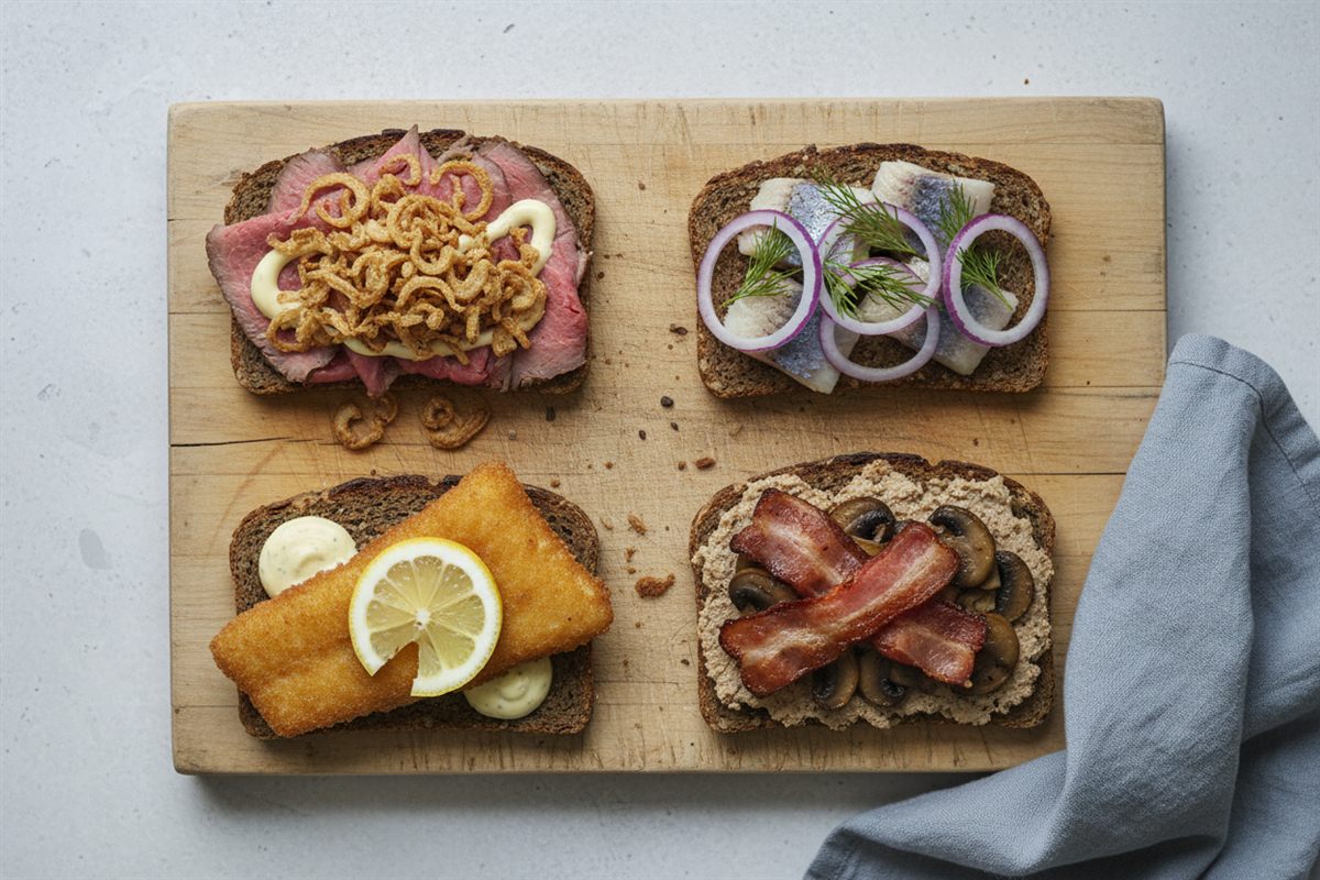 Fire stykker klassisk dansk smørrebrød på et træbræt: roastbeef, sild, fiskefilet og leverpostej