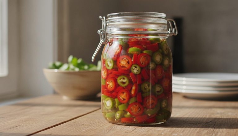 Patentglas med røde og grønne chiliskiver i klar lage på et køkkenbord i dagslys